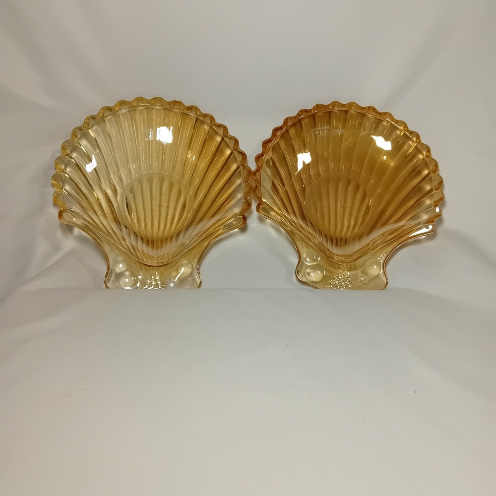 Set 2 Jeanette Marigold Carnival Glass Clam Seashell Trinket Dish Candy Tray - Picture 4 of 10